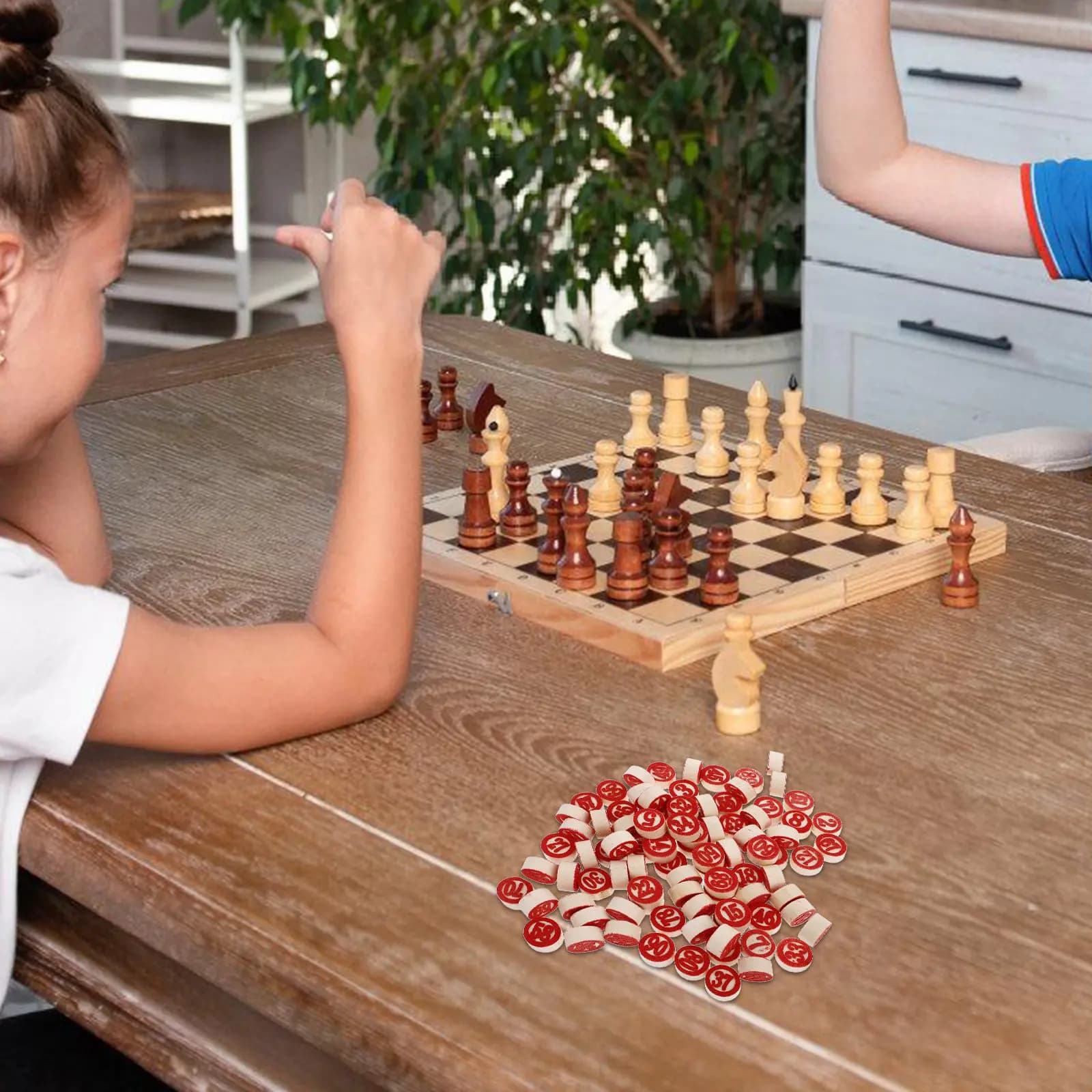 90Pcs Wood Number Chess Set Red Circular Pieces 1 to 90 Dual-Sided for Board Game Logic Puzzles Educational
