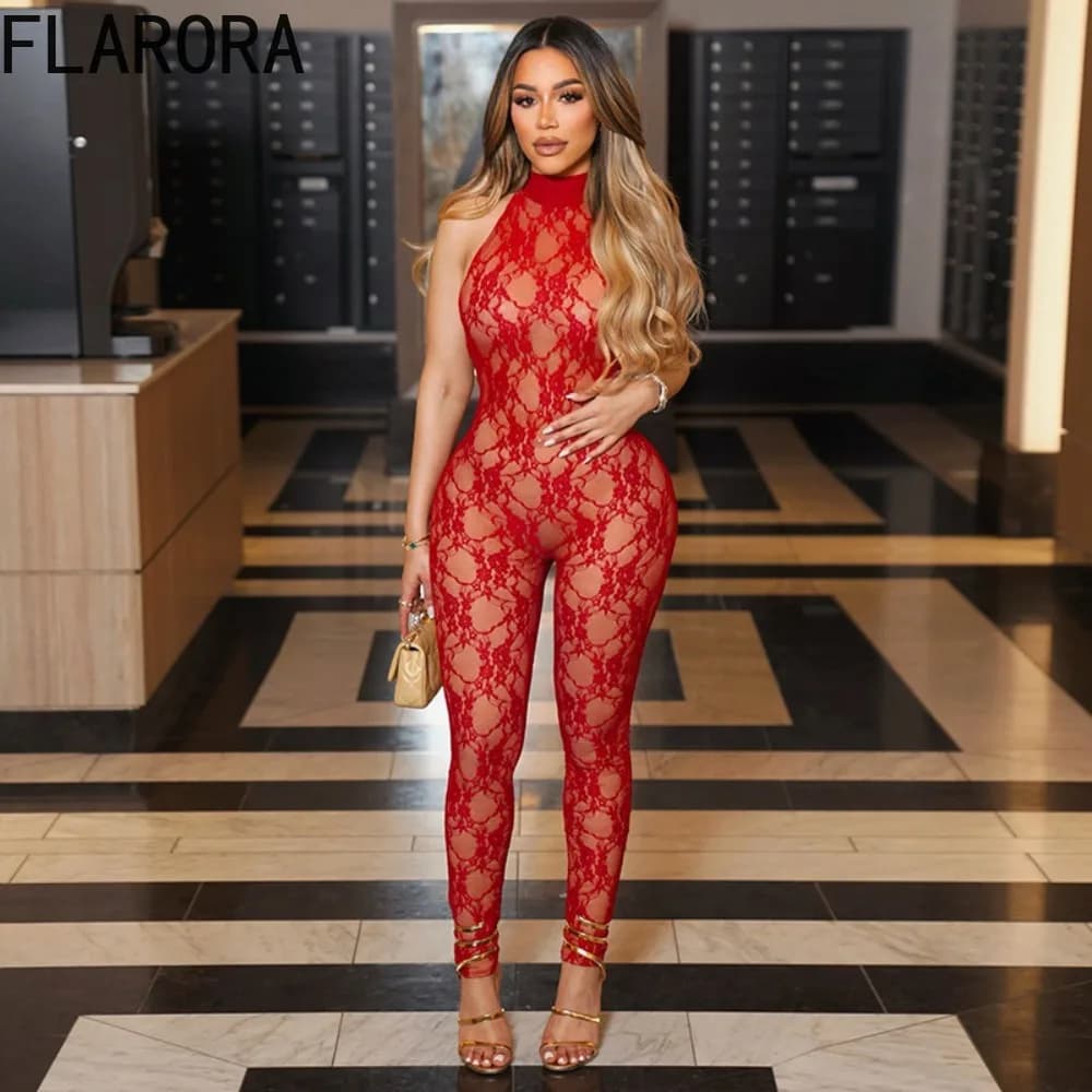 FLARORA Tuta Sexy in Pizzo Trasparente Aderente da Donna, Halter Senza Maniche, Schiena Scoperta, con Lacci, per Feste Notturne e Clubwear