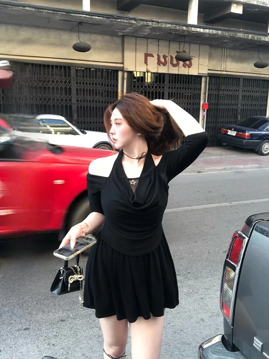 Abito Nero Lavorato a Maglia Annie da Donna Taglie Forti con Cintura, Scollo all'Americana, Maniche a Cinque Quarti, Vestito Casual a Trapezio per Primavera Estate