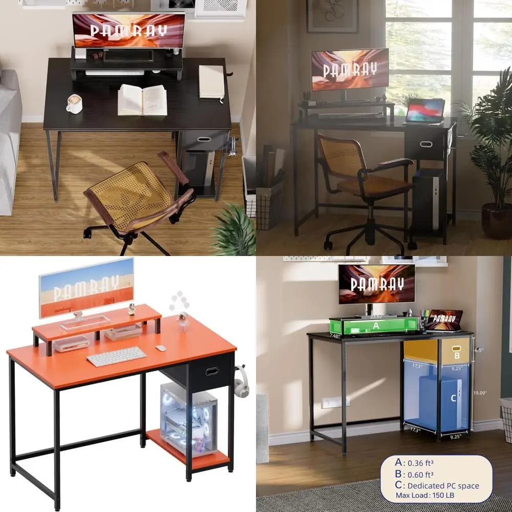 Compact Desk 39 Orange for Home Office with Monitor and Cassetto Room Holders for Bedroom, Studio or Workspace