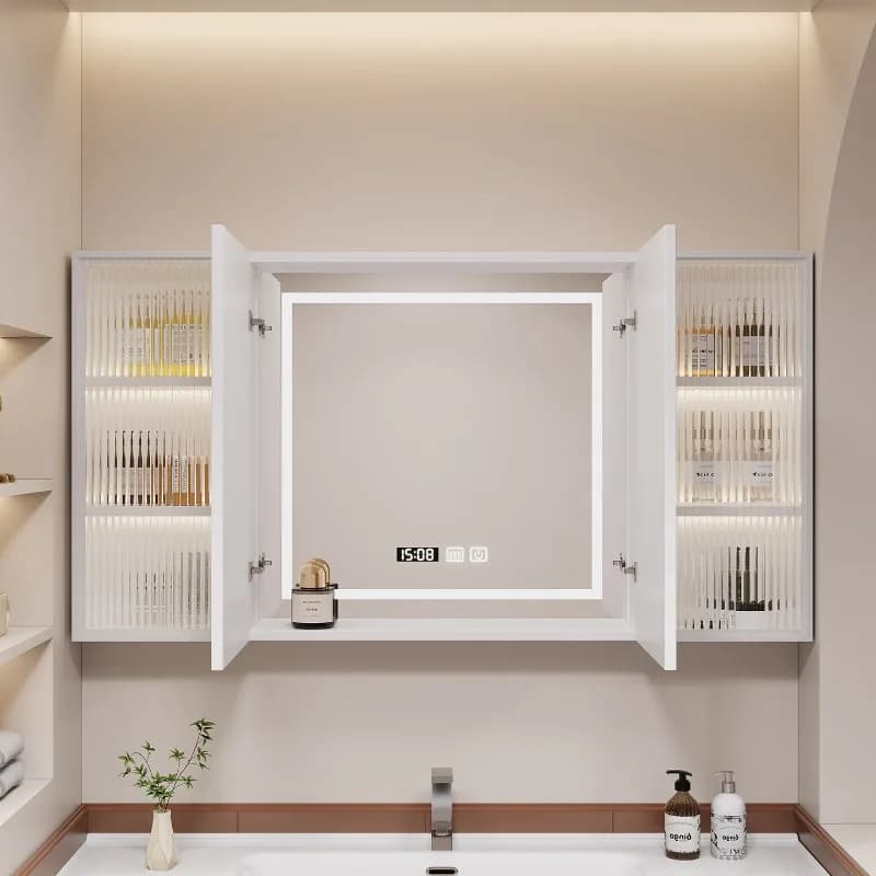 Armadietto a specchio nordico in legno massello Armadietto a specchio moderno di lusso intelligente con luce a LED Mobili da bagno creativi Vanity FYMC