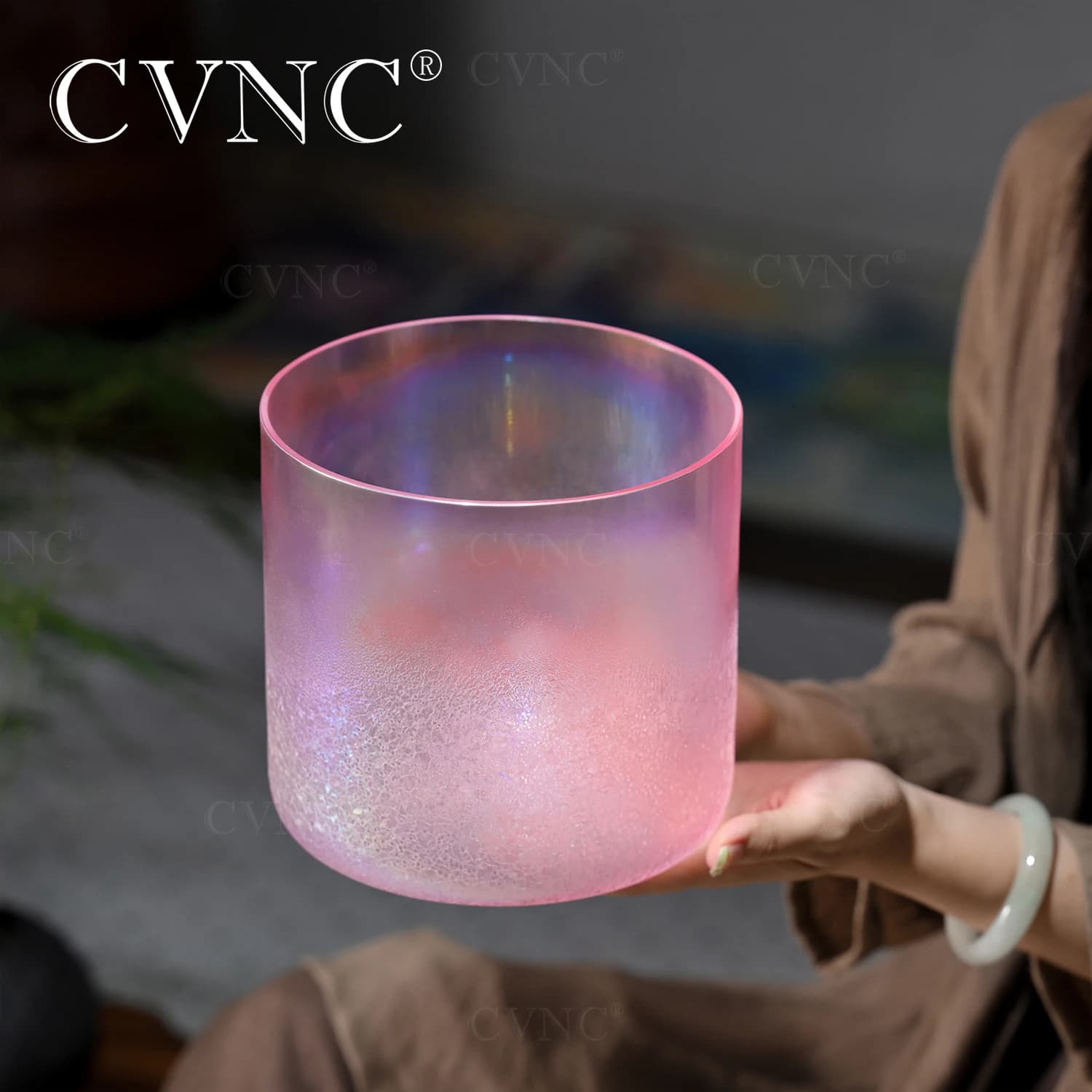 CVNC 7 Inch Pink Snow flower Clear Cosmic Light Quartz Crystal Singing Bowl for Meditation and Sound Healing with mallet