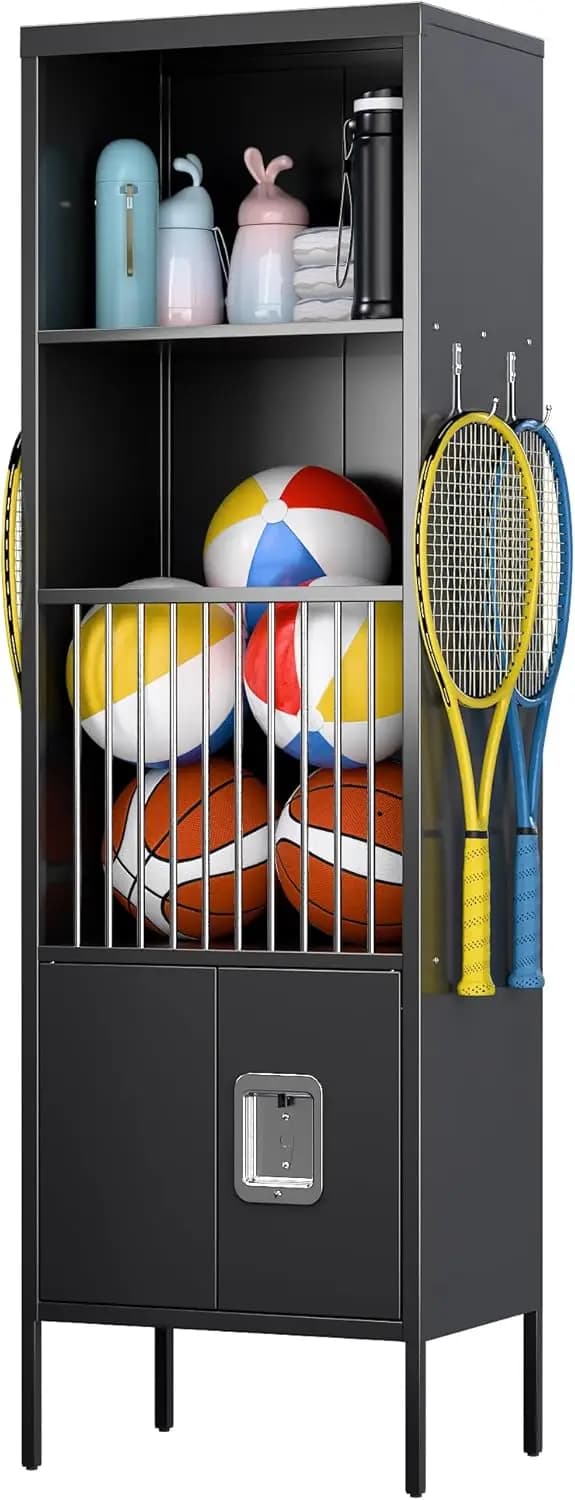 Armadietti Sportivi in Metallo da 72 Pollici per Negozi, Attrezzature Sportive, Palloni da Calcio, Rugby e Tennis, Armadietti per Scuole, Palestre, Neri, A