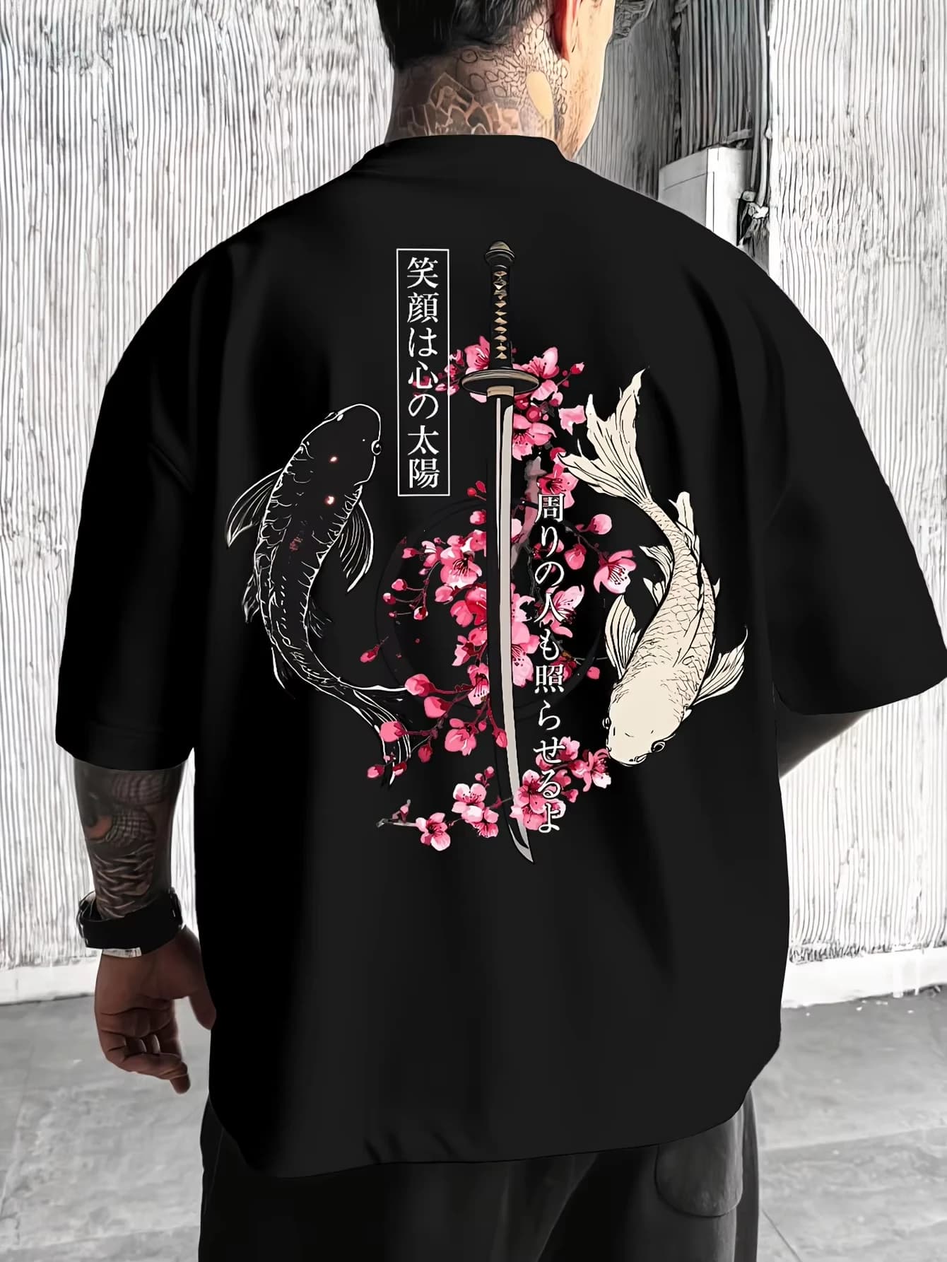 Nuova maglietta estiva giapponese in cotone con motivo Yin Yang Koi Fish e spada da samurai, t-shirt da uomo a maniche corte, top casual oversize unisex