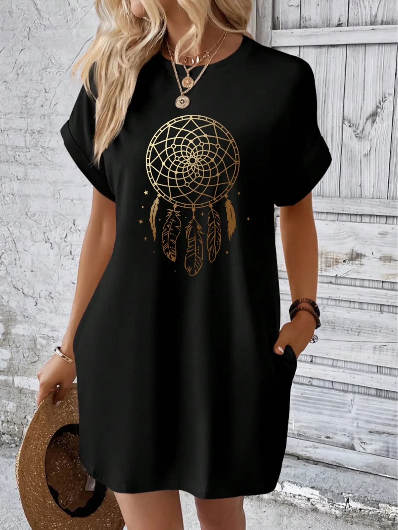 Women's summer black dress, with a gold gradient dreamcatcher print, featuring pockets