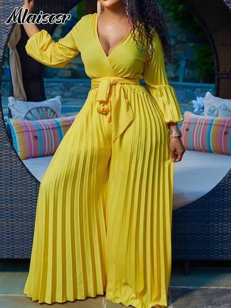 Mlaiscsr Elegante Tuta Africana Larga da Donna con Maniche Lunghe, Scollo a V, Pantaloni a Gamba Larga con Laccetti, Tuta Intera Plissettata Femminile