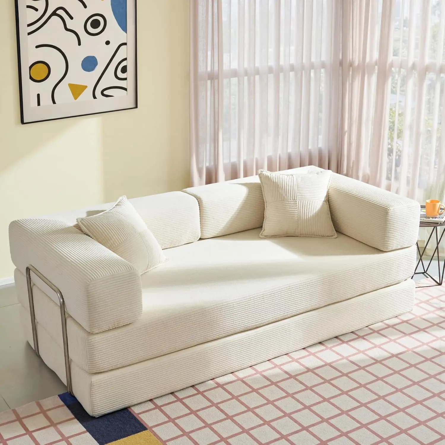 Foldable Sleeper Sofa, 78in Floor Couch with Memory Foam, Pillow & Back Support, 4-in-1 Futon for Living Room, White, Customized