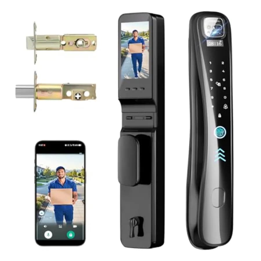 Serratura Intelligente con Videocitofono e Telecamera, Sistema di Ingresso Senza Chiave 8-in-1 con Tastierino, Serratura Intelligente per Porta d'Ingresso con Impronta Digitale