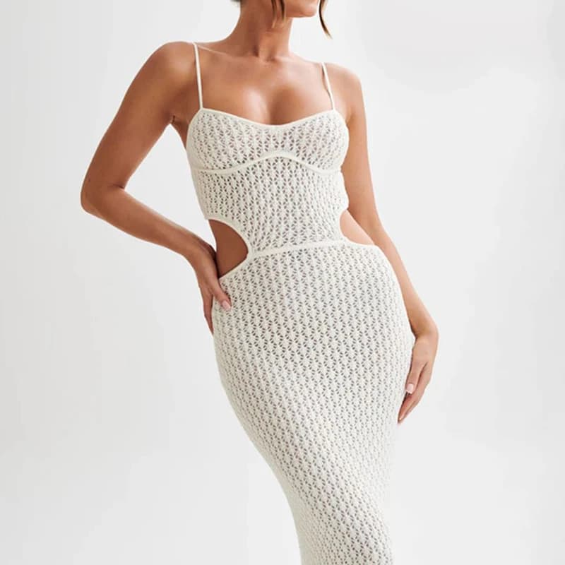 Abito sottoveste in vita con perdite di nuovo stile, lavorato a maglia, scava fuori, costumi da bagno sexy, copricostume da donna, spiaggia, protezione solare, abito lungo