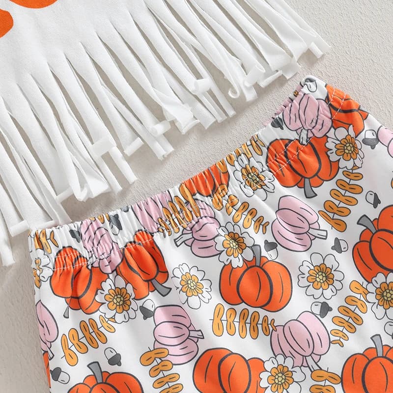 Adorabile set di costumi di Halloween per bambina con top a maniche corte con nappe, pantaloncini di zucca e fascia per capelli con fiocco - Completo da 3 pezzi