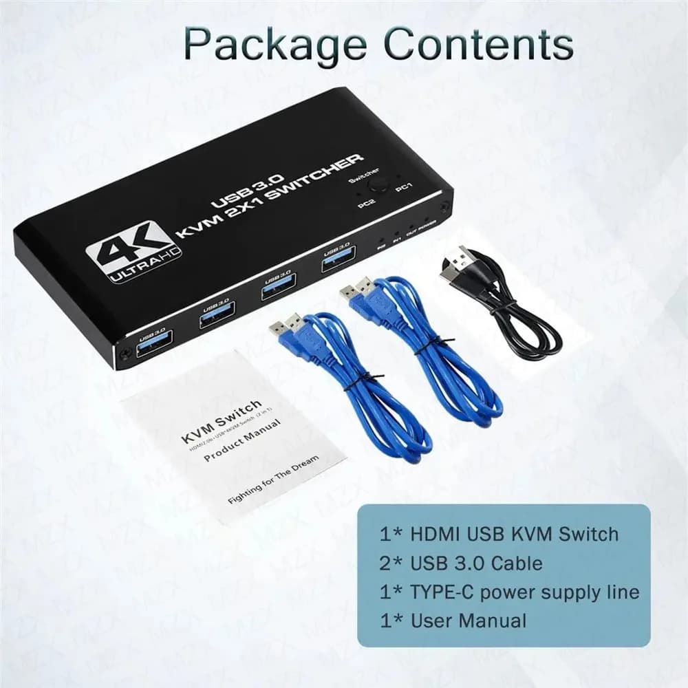 Switch KVM MZX 4K 60Hz, USB 3.0 Hub, Docking Station, Splitter for 2 Computers, Keyboard Share, Mouse, Printer & Accessories