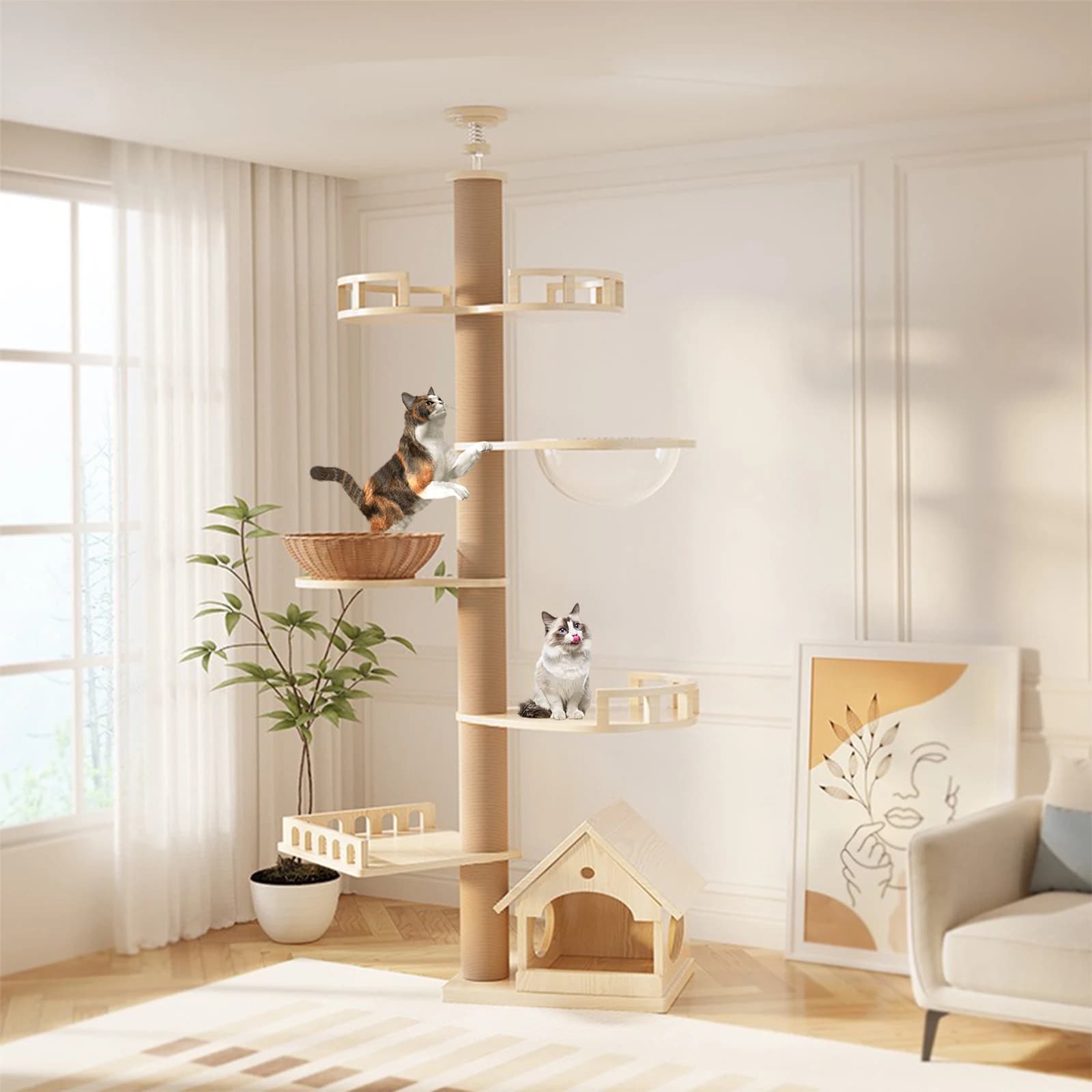 YXT Tiragraffi per gatti con nido e pesce persico – Multi-Gatto condiviso, tiragraffi per gatti tutto in uno dal pavimento al soffitto