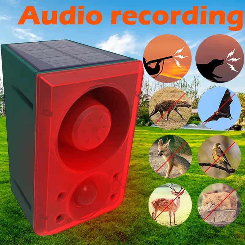 Outdoor Solar Animal Repeller Audio Recording Motion Sensor Alarm Dog Barking&Gunshot Sound Repel Raccoons Bears Coyotes Dog