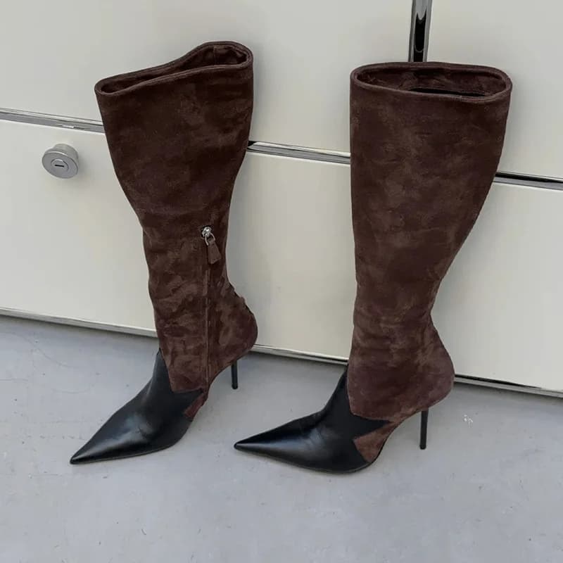 High Range Women's Knight Boots, Niche, With Closed Point, Spilled Heel, Lateral Hinge, Sottili, Ginocchio (Not Over the Eye)