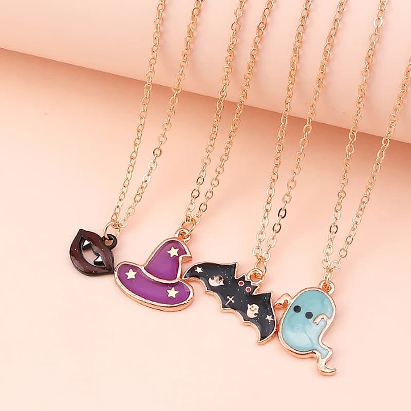 Aihua 4pc Cute Enamel Halloween Necklace Set Pumpkin Bat Mummy Witch Skeleton Eyeball Necklace for Women Halloween Party Jewelry