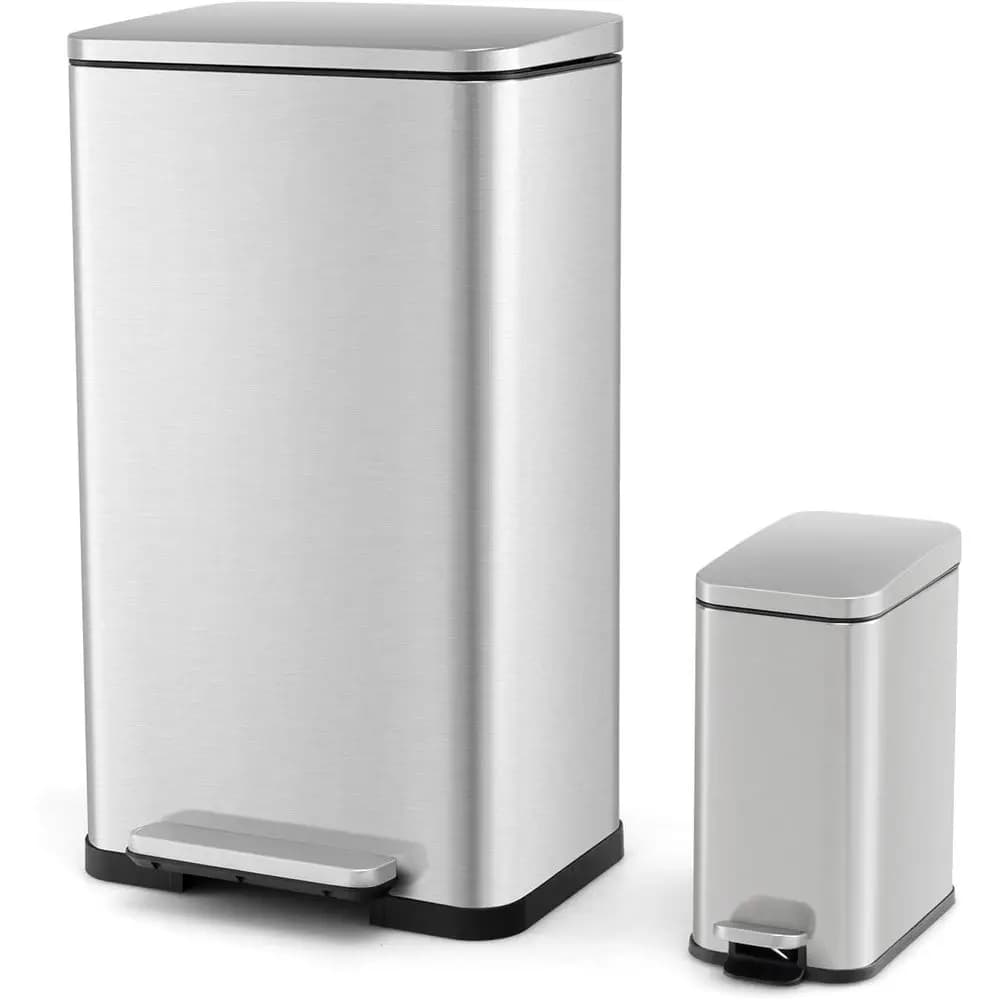 Set di 2 Cestini per Rifiuti in Acciaio Inox con Secchielli Staccabili, 40L e 6L, Coperchi a Chiusura Morbida e Apertura Continua, per Cucina
