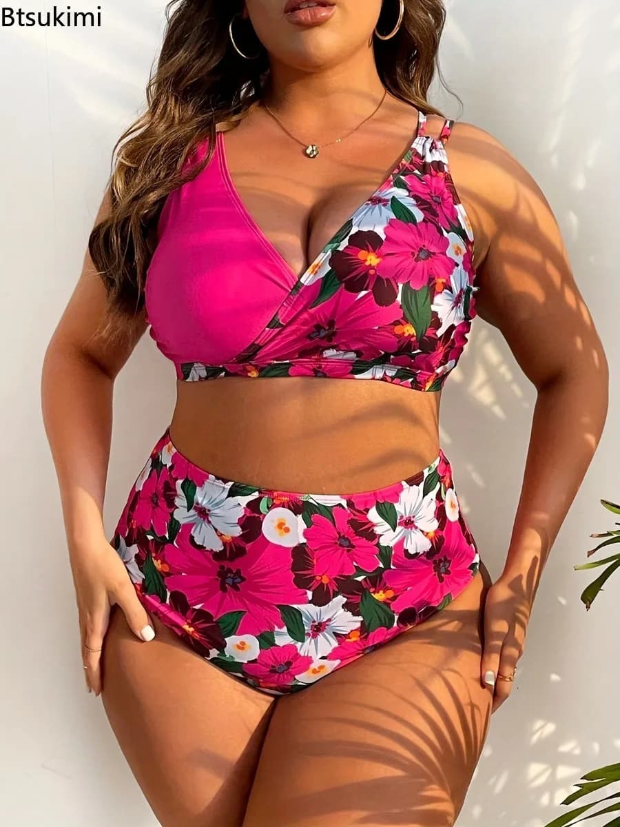 Women's Plus Size High Waisted Bikini Floral Sexy Gathering Swimsuit Deep V-split Swimsuit Summer Ladies Belly Hugging Swimsuit