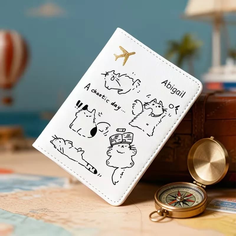 Personalized Custom Name Passport Holder Featuring a Cute Cartoon Cat Design, a Multifunctional Printed Document Protector