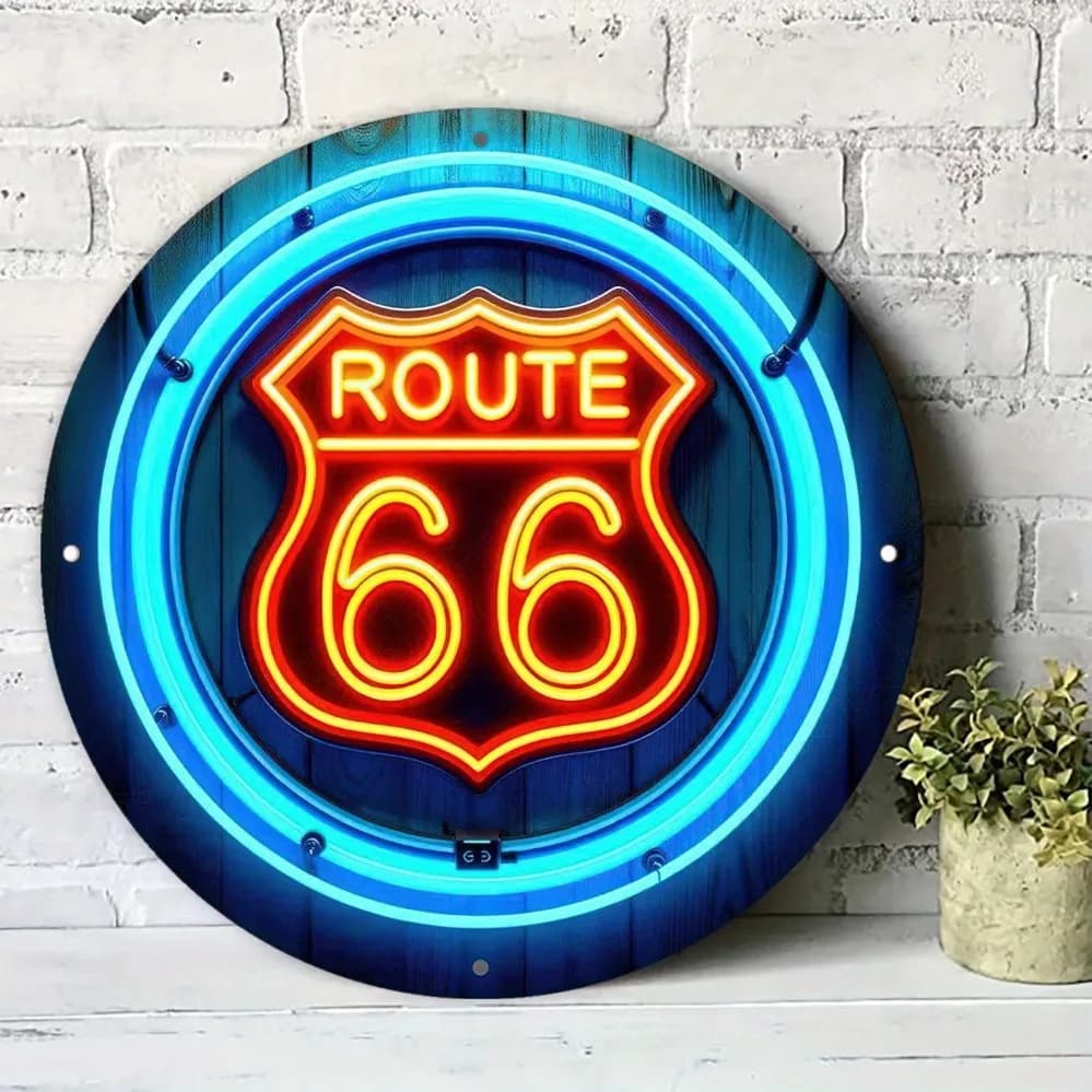 Quadro Acrilico Luminoso Neon Vibrante con Insegna Route 66 su Sfondo Blu Legno - Arte Retrò Americana per Autostrada, Decorazione Murale per Garage e Officina