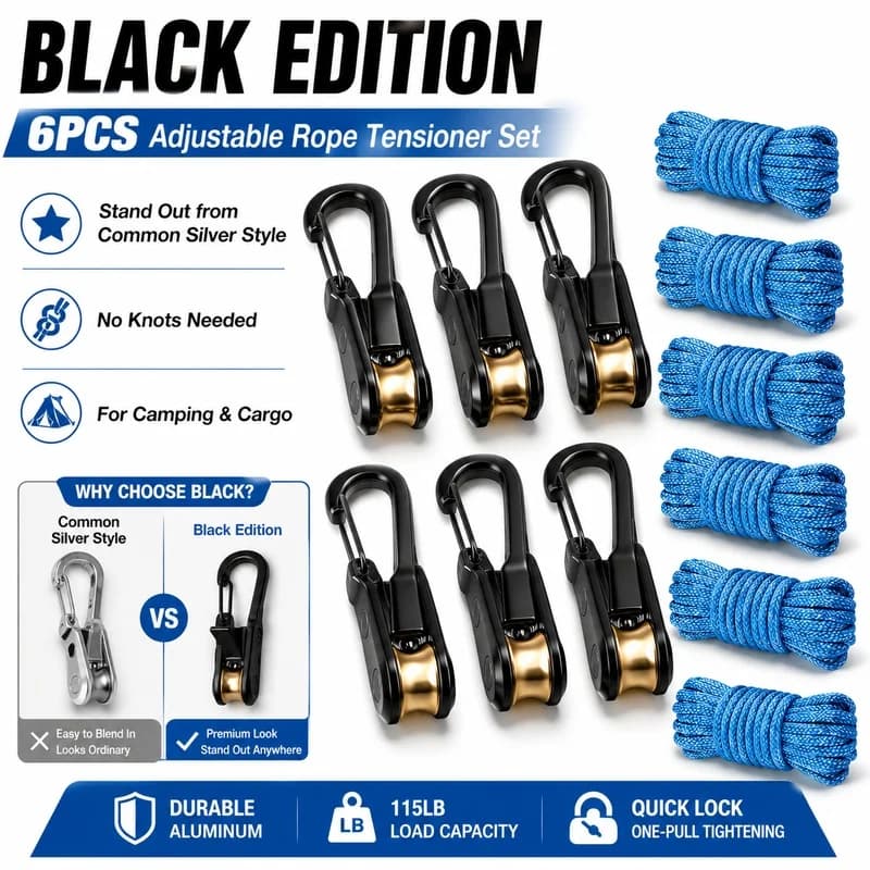 6PCS Heavy Duty Rope Tightener Roller Tensioner, Adjustable Rope Buckle for Camping Tent, Canopy, Tarp, Boat, Kayak