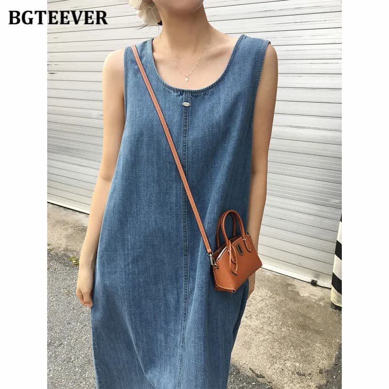 BGTEEVER Summer O-neck Female Denim Vest Dress Sleeveless A-line Jeans Dress for Women