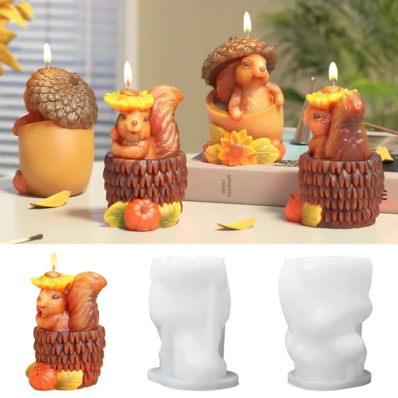 Stampo in Silicone per Candele a Forma di Scoiattolo, DIY, Animali Carini, Scoiattoli e Ghiande, Candele Profumate, Resina, Cemento, Gesso, Decorazioni per la Casa