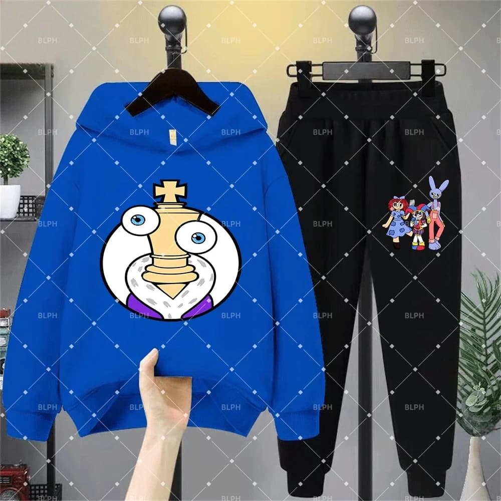 Grazioso set di felpe con cappuccio per bambini ispirato al Circo Digitale, adorabile completo di felpa e pantaloni per bambini con design Re degli Scacchi