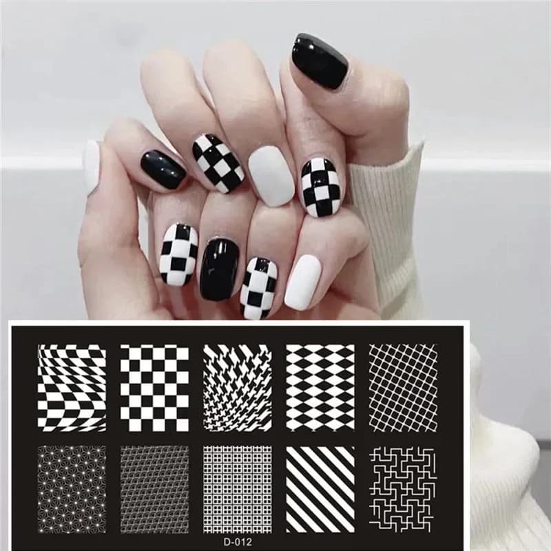 Set di piastre per timbratura per unghie 1PC decorazioni fai da te colla per smalto per unghie sigillo trasparente stampo per modello di scacchiera in lamiera d'acciaio stampata