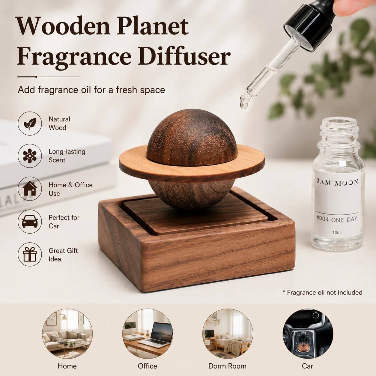 1PC Jupiter Shape Wood Scent Diffuser Wooden Air Freshener Ornament Home Dorm Room Decor Gift No Essential Oil Included