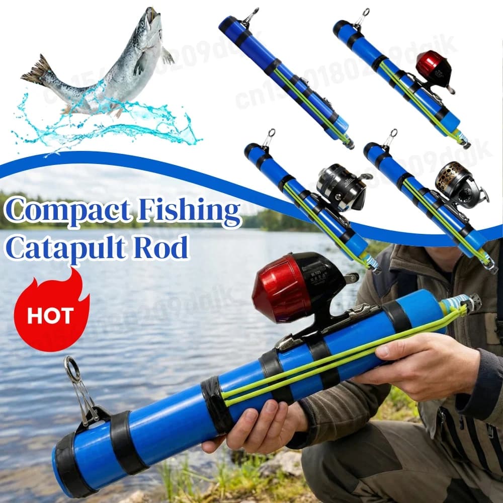Compact fishing rod for catapult, portable extendable equipment for launch of fish baits, robust and lightweight fishing reel for catapult