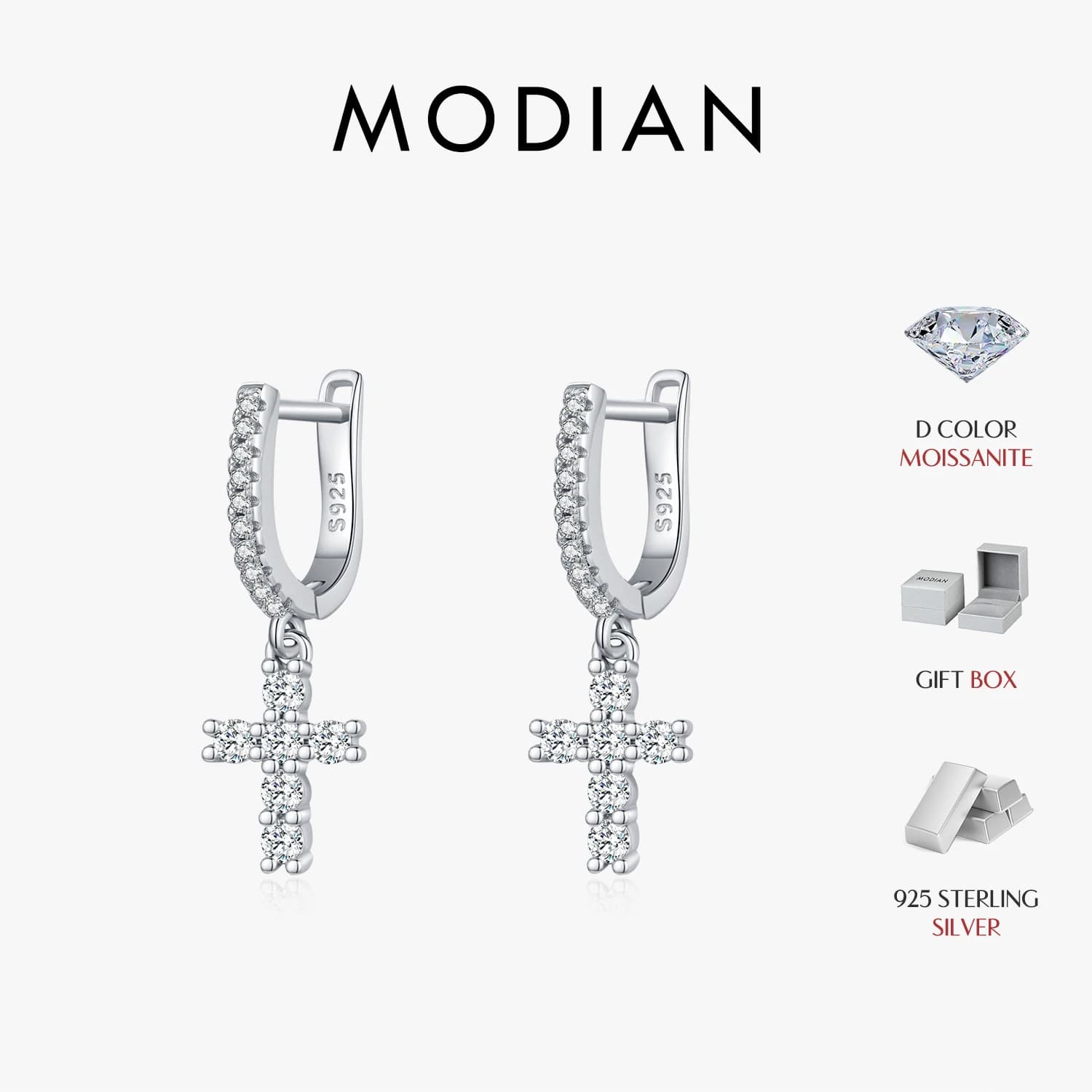 MODIAN D Colore VVS1 Chiarezza Moissanite Orecchini a cerchio in argento sterling 925 Abbagliante croce di lusso ciondola per le donne Gioielleria raffinata