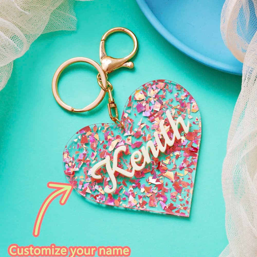 Portachiavi PMMA personalizzato da 1 pezzo: accessorio scintillante personalizzato a forma di cuore | Regalo per uso quotidiano inciso al laser per adolescenti