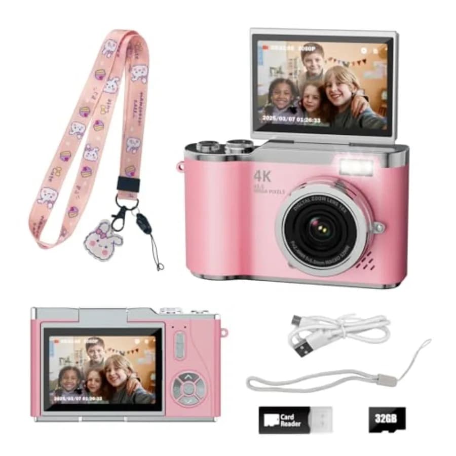 Fotocamera Digitale 4K per Fotografia, 48MP, Video HD 1080P, Fotocamera Selfie con Angolo di Visione di 180° ° Flash per Fotocamera con Schermo Ribaltabile e Scheda SD da 32GB per Sta