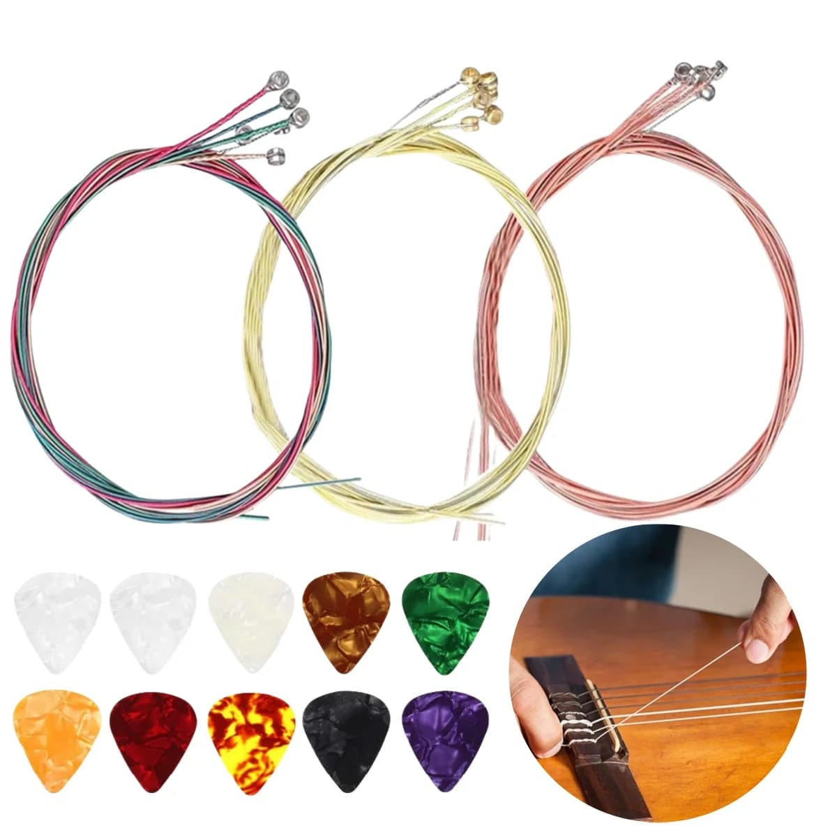Miwayer 1 set 6 pezzi corde per chitarra acustica con/10 pezzi plettri per chitarra da 0,46 mm/per parti di ricambio per strumenti musicali