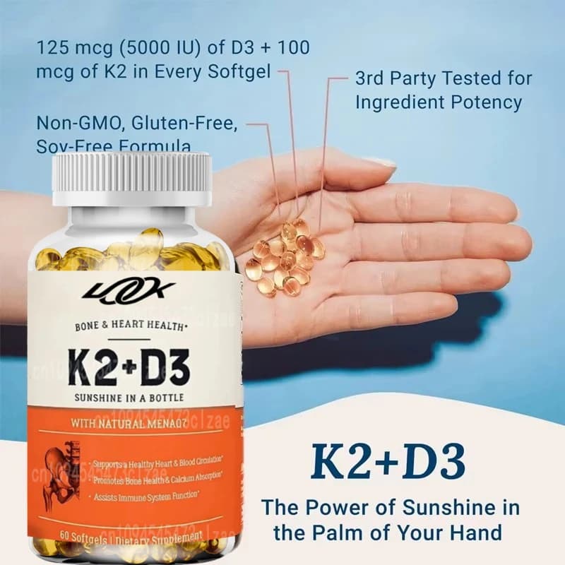 Vitamin K2 MK7 with D3 | Support for bone and heart health 5000 IU -60 vegetarian soft capsules