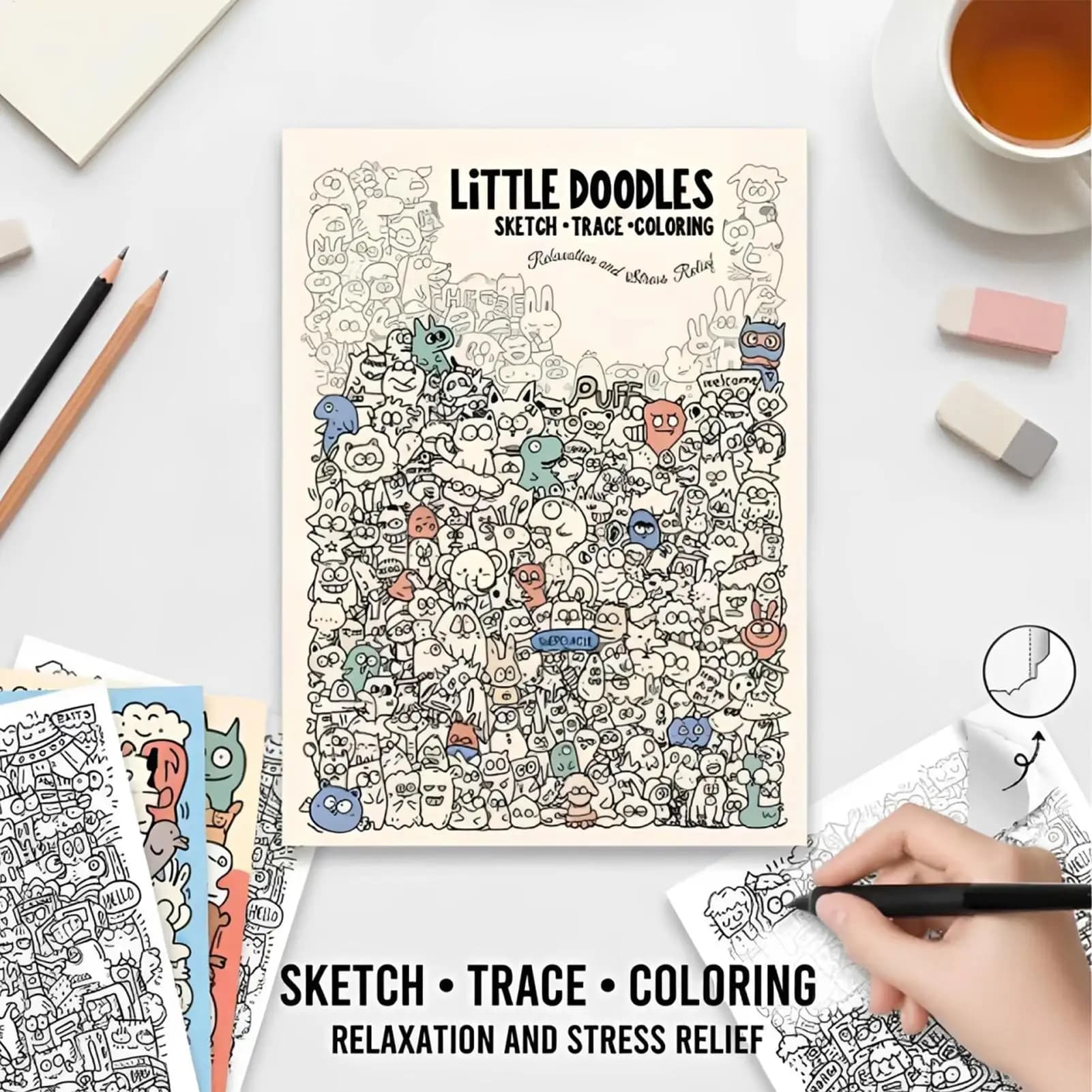 Little Doodles Adult Coloring And Tracing Book 30 Pages Relaxing Sketch Trace & Color Activity Book for Stress Relief