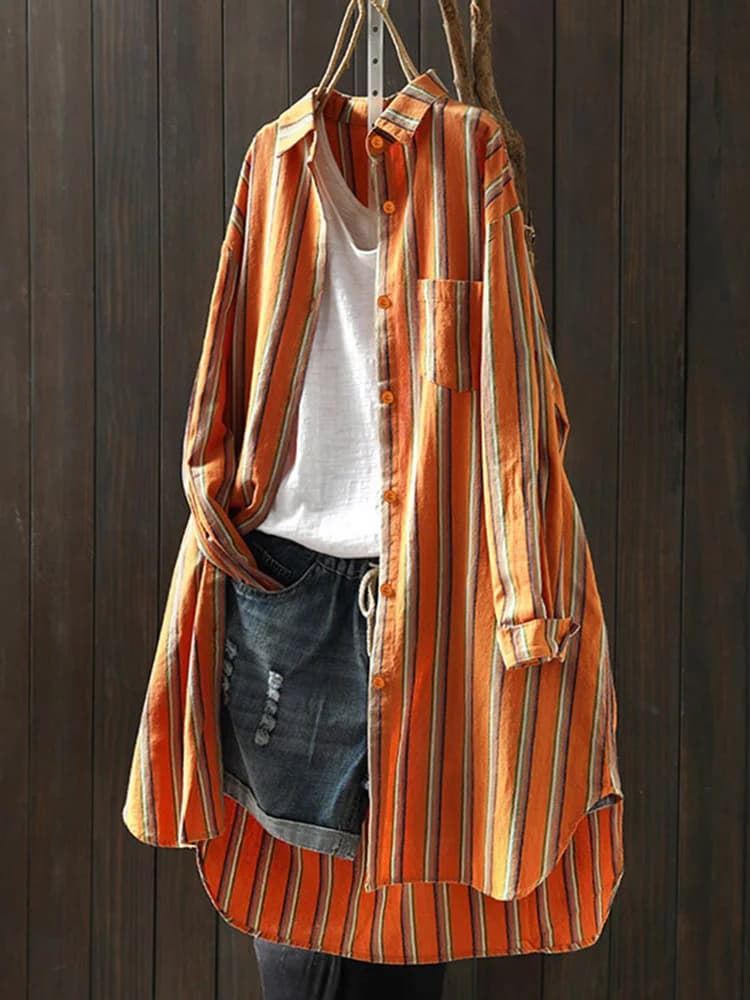 Women's Long Rim Shirt, Random Bluse Larga with Bottoni, Oversize Tunica with Long Sleeves with Pockets, Cardigan Spring