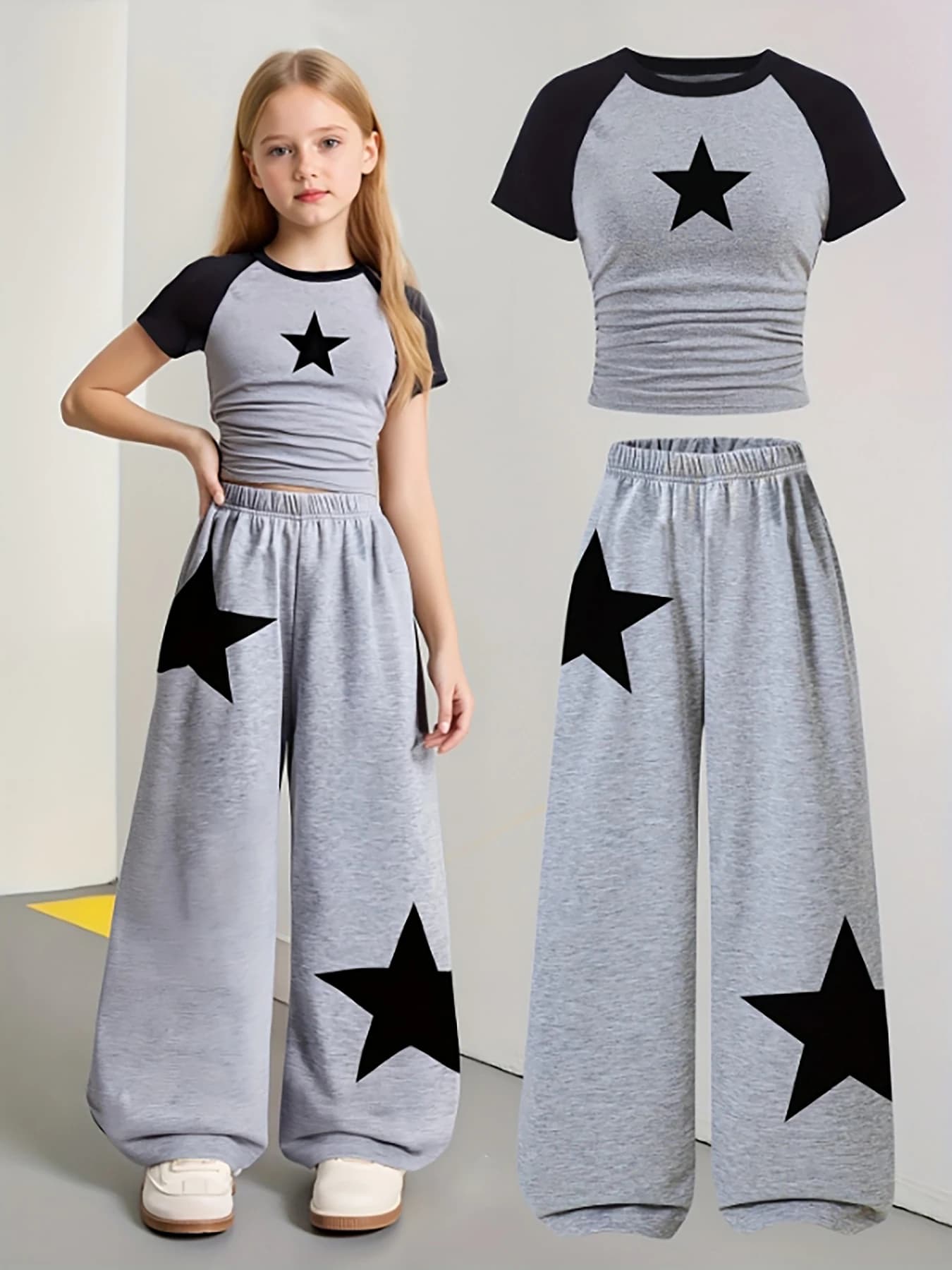 Trendy items for girls, Clothing for girls, Set of 2 pieces for girls, Complete for return to school, Star Pattern, Big Leg Grey Jumpsuit Pants, American Football, Volleyball, Outfit for Thanksgiving, Outfit for Halloween, Christmas Jumpsuit Pants, Suitable for spring and summer