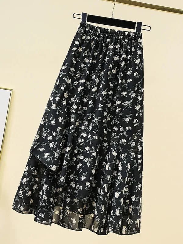 High Waist A-Line Skirt Thin Summer New Women's plus Size Floral Print Half Body Skirt Slimming Hip Covering Korean Style