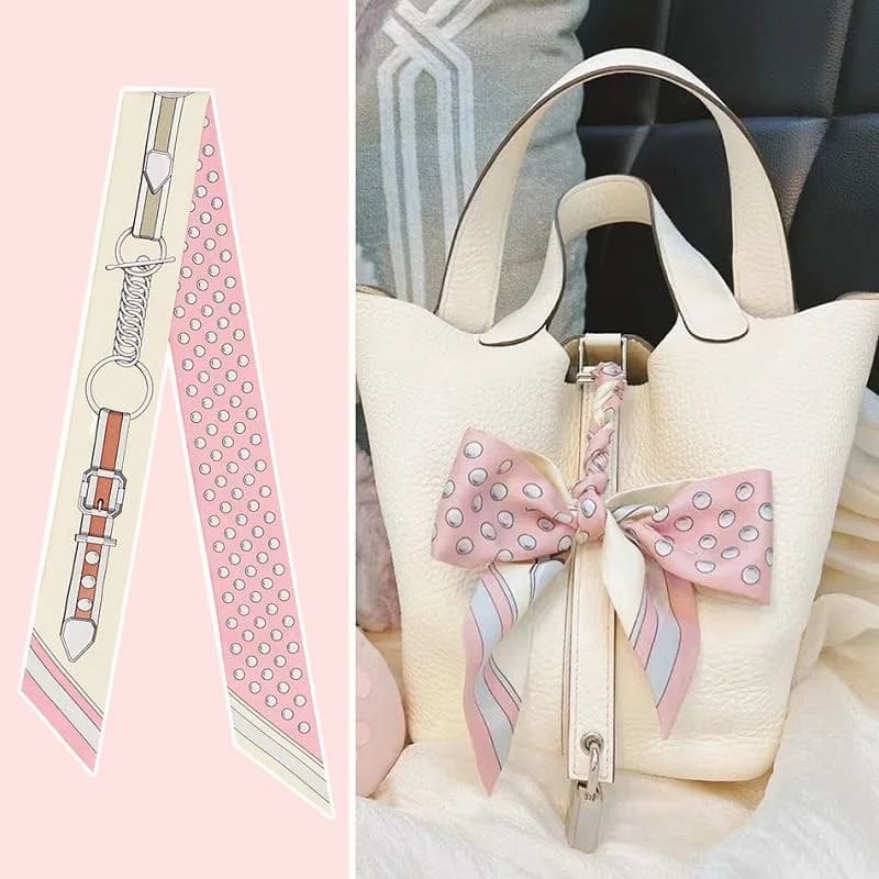 Sciarpa da donna estiva rosa a pois con nastro, manici decorativi, accessorio di moda con streamer lungo stampato per le celebrazioni