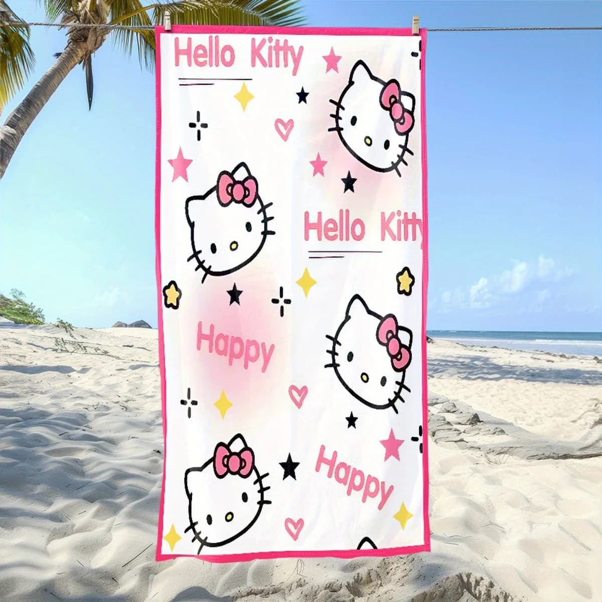 Asciugamano da spiaggia a tema Sanrio Hello Kitty con stampa Happy Star, asciugamano leggero per l'estate, spiaggia, piscina, bagno, viaggi