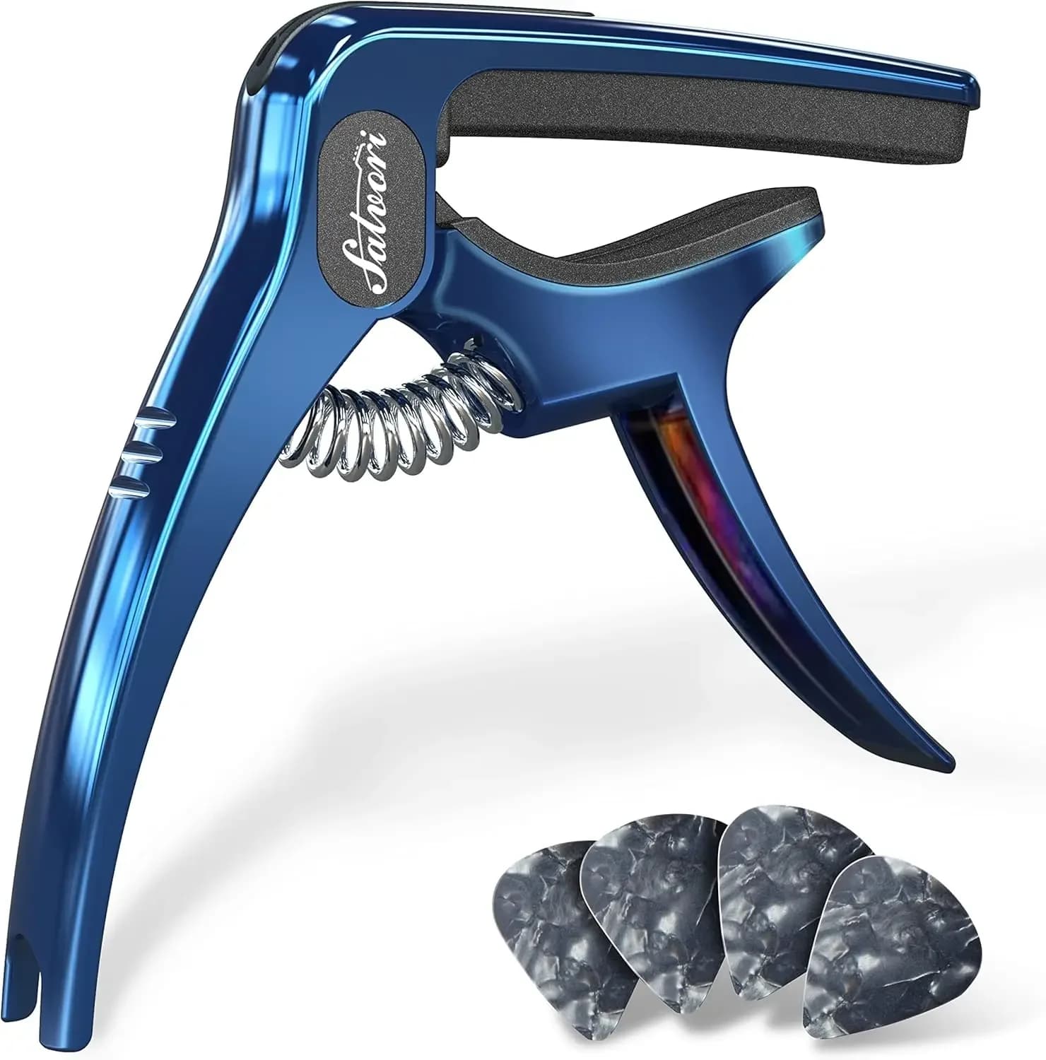 Capotasto per chitarra resistente blu sfumato con 4 plettri per chitarre acustiche/elettriche, ukulele, mandolino