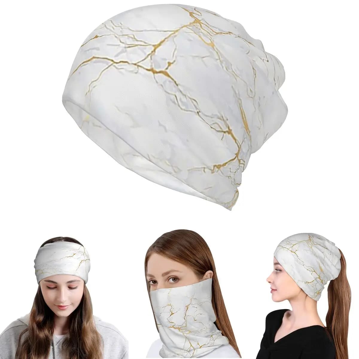Sciarpa avvolgente in tessuto marmorizzato bianco e oro, calda, per ciclismo, tipo bandana, scaldacollo, berretto, per uomo, donna, adulto, invernale
