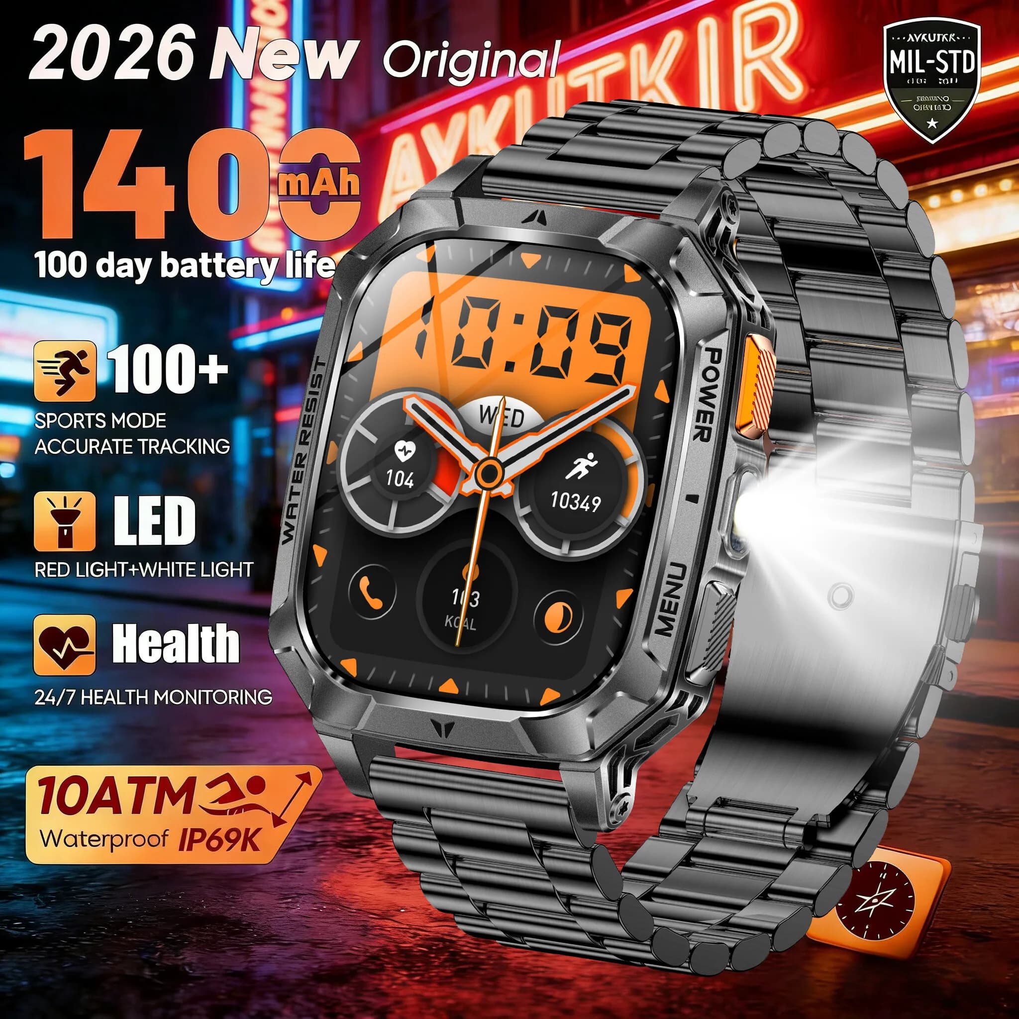 New Man's Smartwatch 2026 with Built-in 1400mAh Battery, External GPS, 2.01" AMOLED Screen, Waterproof 10ATM, BT Calls