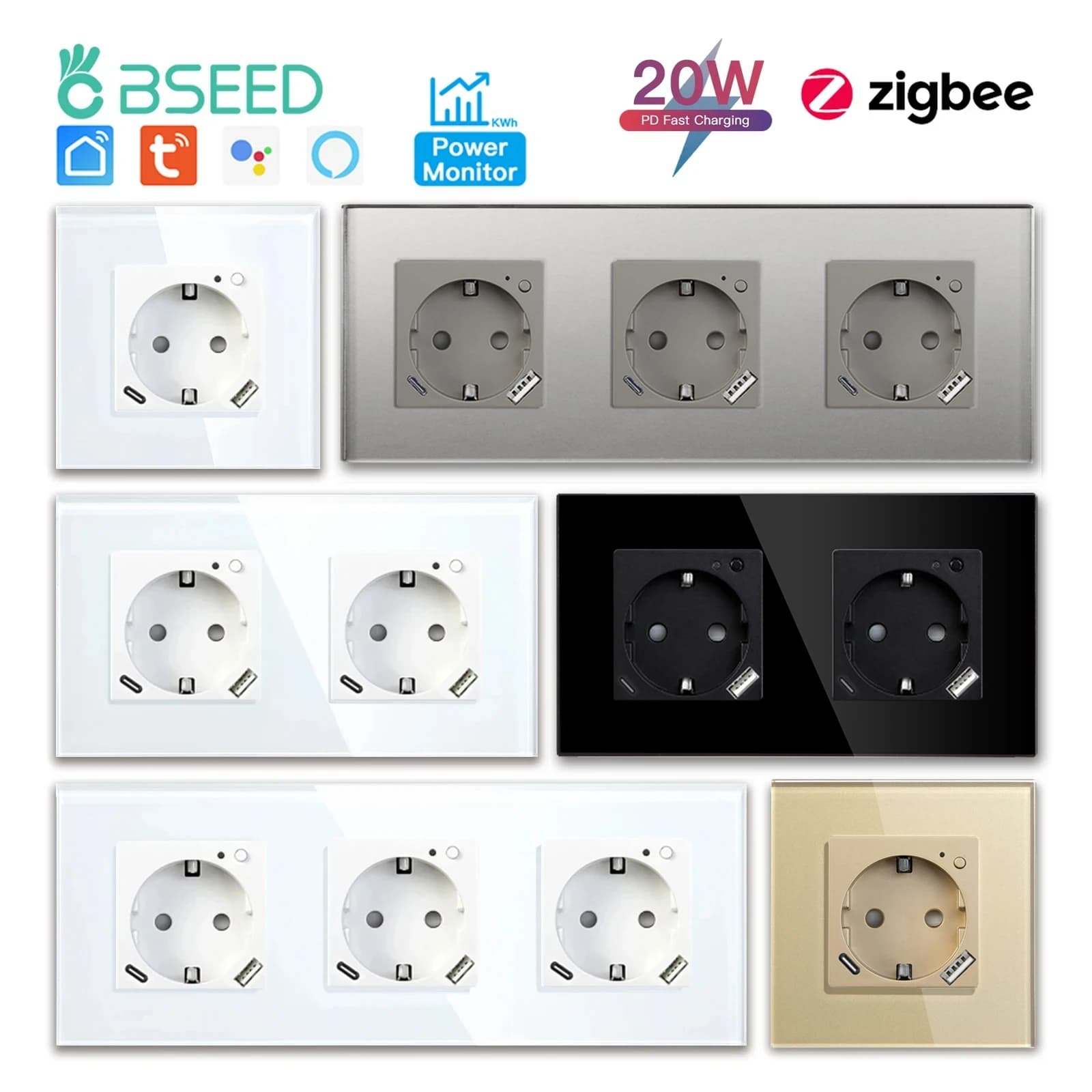 BSEED Zigbee Monitor di Alimentazione Presa Intelligente Prese di Alimentazione in Vetro USB Tipo-c Porte AC 20W Tuya Vita Intelligente Alexa Controllo Standard UE