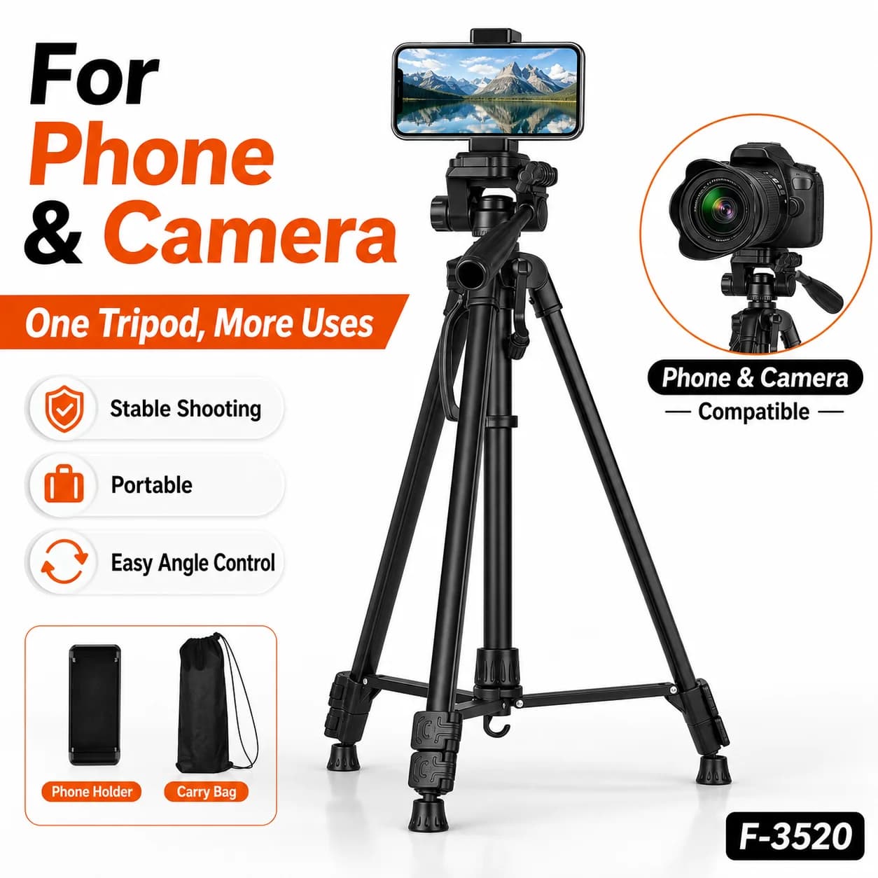 Treppiede in Alluminio Resistente con Supporto per Telefono a 3 Assi, Borsa per il Trasporto, Compatibile con Proiettore, Smartphone, Webcam, Streaming Live