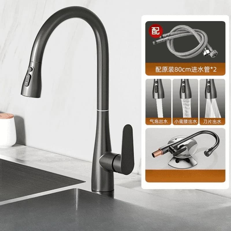 Thickened Brass Kitchen Faucet Deck Mounted Pull Out Spout Kitchen Sink Mixer Tap Single Level Stream Sprayer Nozzle Tap