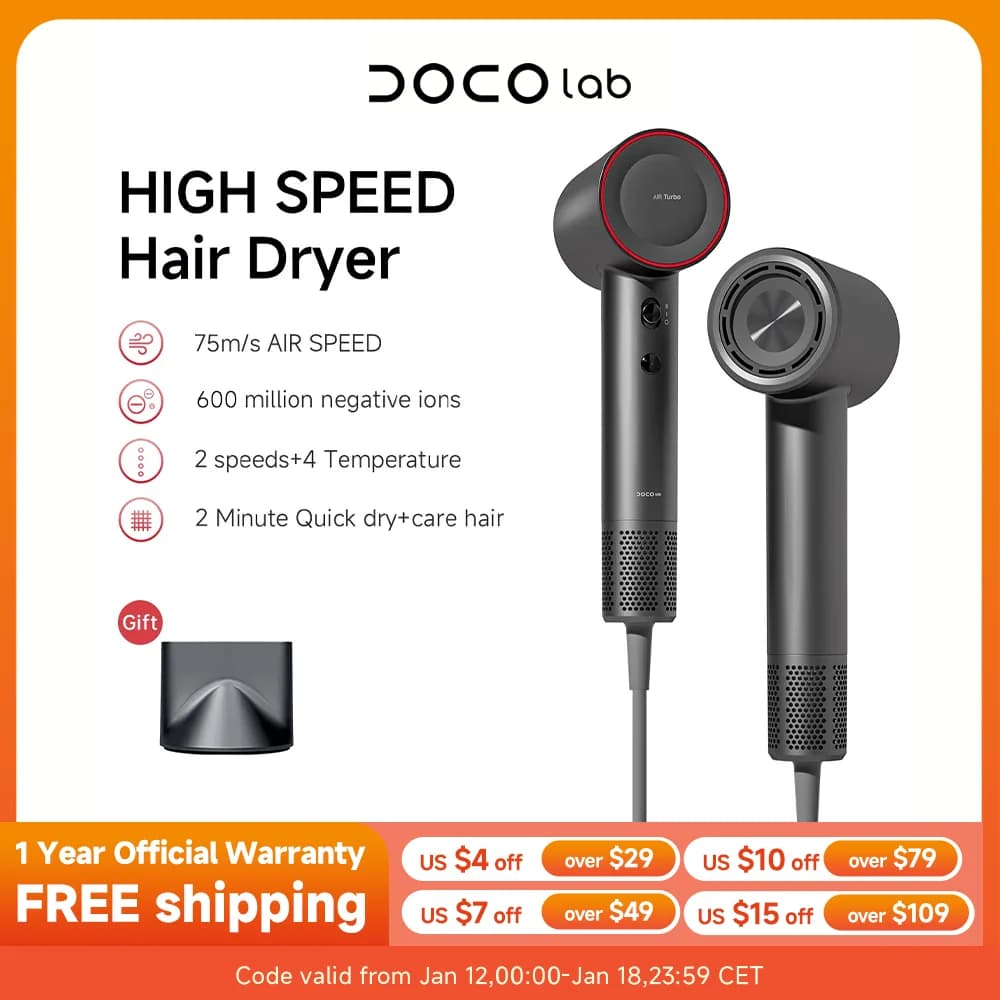High Speed DOCO hair dryer with 600 Millions of Negative Ions, Professional Hair Care, Light, for Home and Travel, Gift, 110000 Spins per Minute