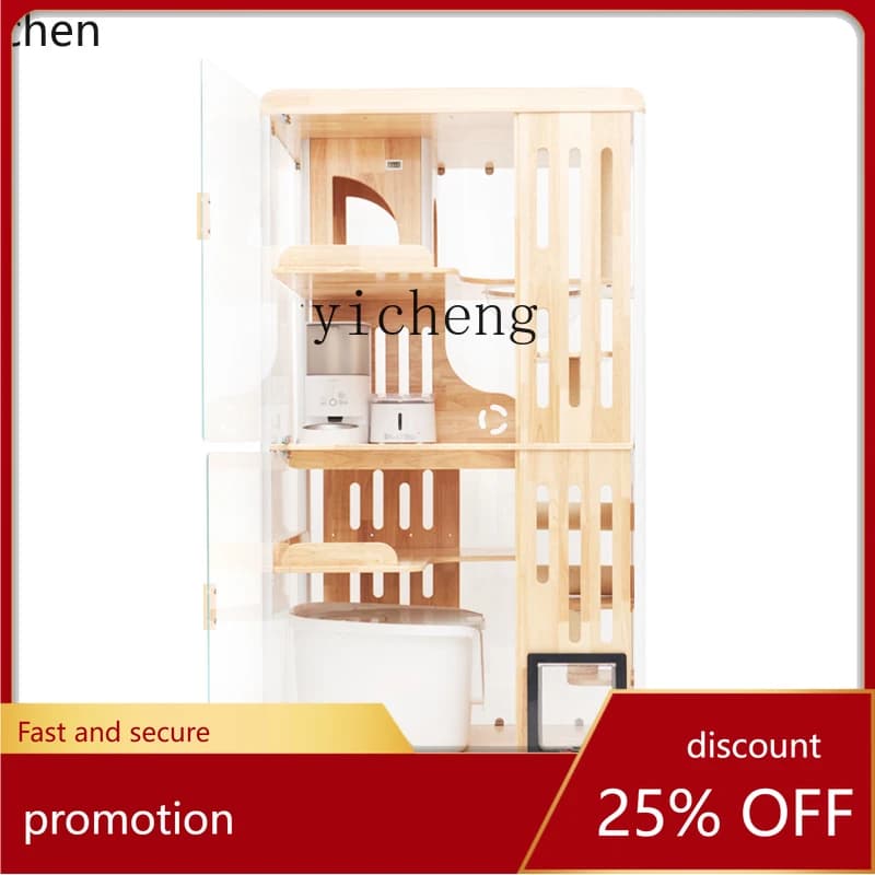 ZML Solid Wood Panoramic Cat Villa with Automatic Cat Litter Box, Tempered Glass Wooden Indoor Cat House