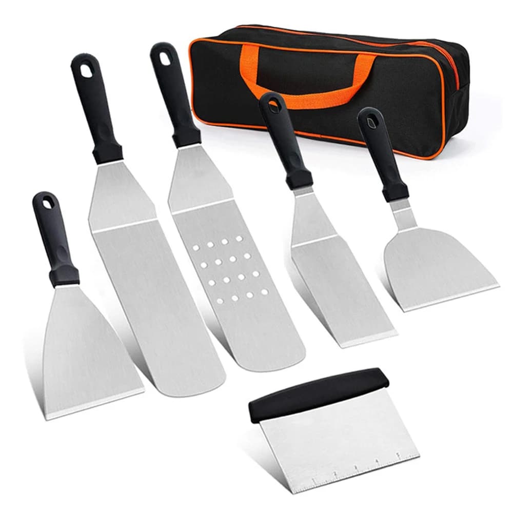 Kit di accessori per piastra Onilini Strumenti per barbecue Set da 6 pezzi Spatole in acciaio inossidabile con raschietto per borsa per il trasporto per barbecue all'aperto